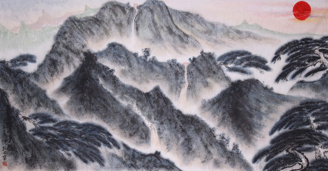 A very fine Chinese scroll painting attributed to: Attributed to Fu Baoshi ink and color depicting a landscape of mountains ,inscribed and signed 2 with seal mark.