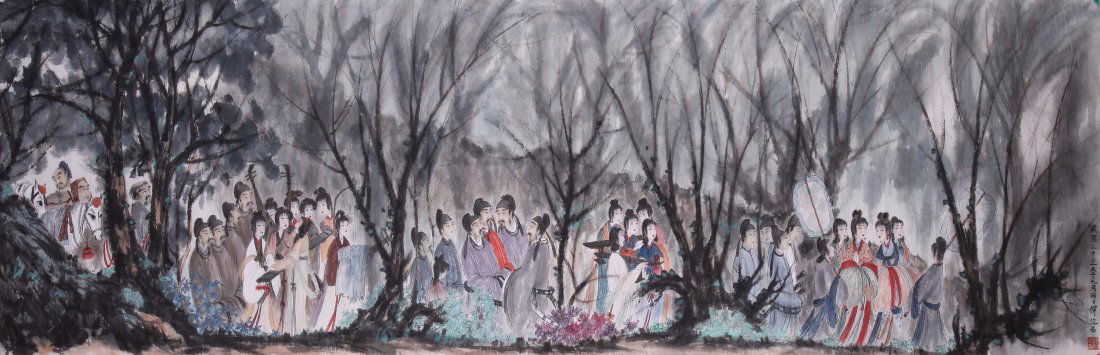 A very fine Chinese scroll painting attributed to: Attributed to Fu Baoshi ink and color depicting a group of people ,inscribed and signed 1 with seal mark.