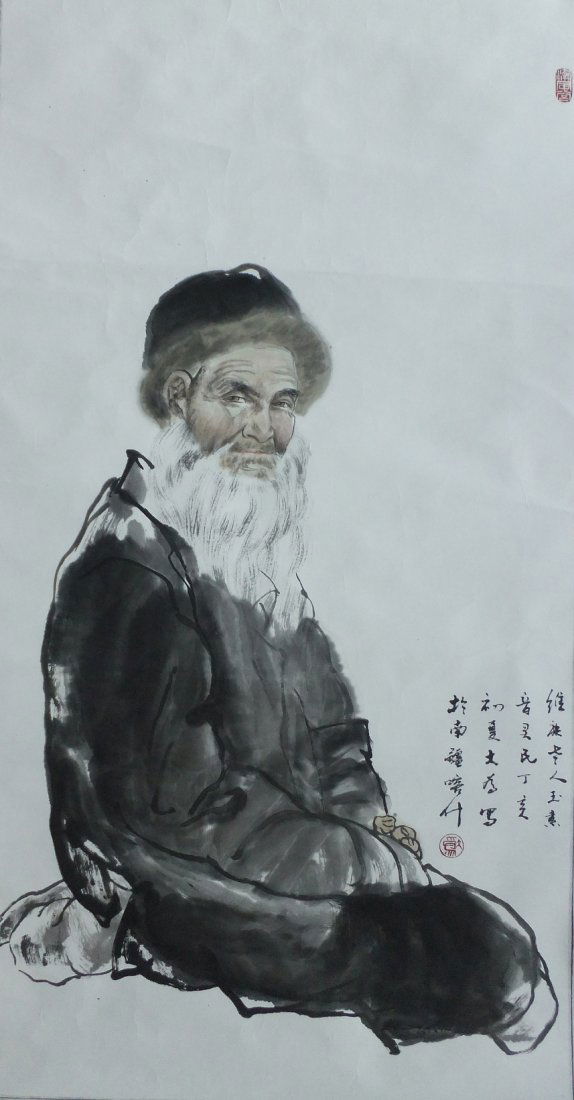 A very fine Chinese painting by Liu Dawei: Ink and color on the paper by Liu Dawei depicting a person sitting,inscribed and signed with 2 seal marks,26.8"X53.5"
