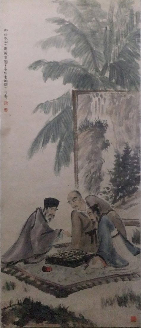 A very fine Chinese paintings by Fu baoshi: Ink and color on the paper by Fu Baoshi depicting a few men playing a board game,inscribed and signed with 3 seal marks.