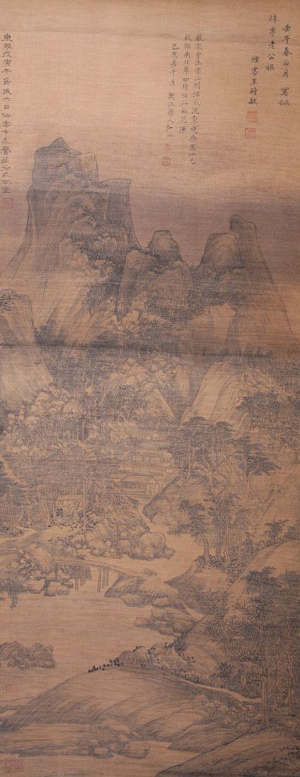 A very fine Chinese painting by Wang Shimin: A very fine Chinese painting by Wang Shimin depicting a landscape of mountains , trees , houses and bridge ,inscribed and signed with five seal marks.56.6"X20.8"