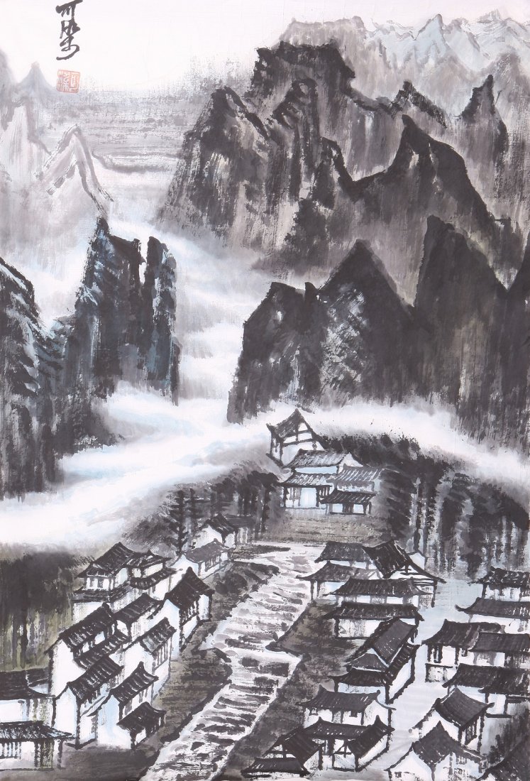 A very fine Chinese painting by Li Keran: A very fine Chinese painting by Li Keran depicting a landscape of a village surrounded by mountains , inscribed and signed with one seal marks.27.1"X18.1"