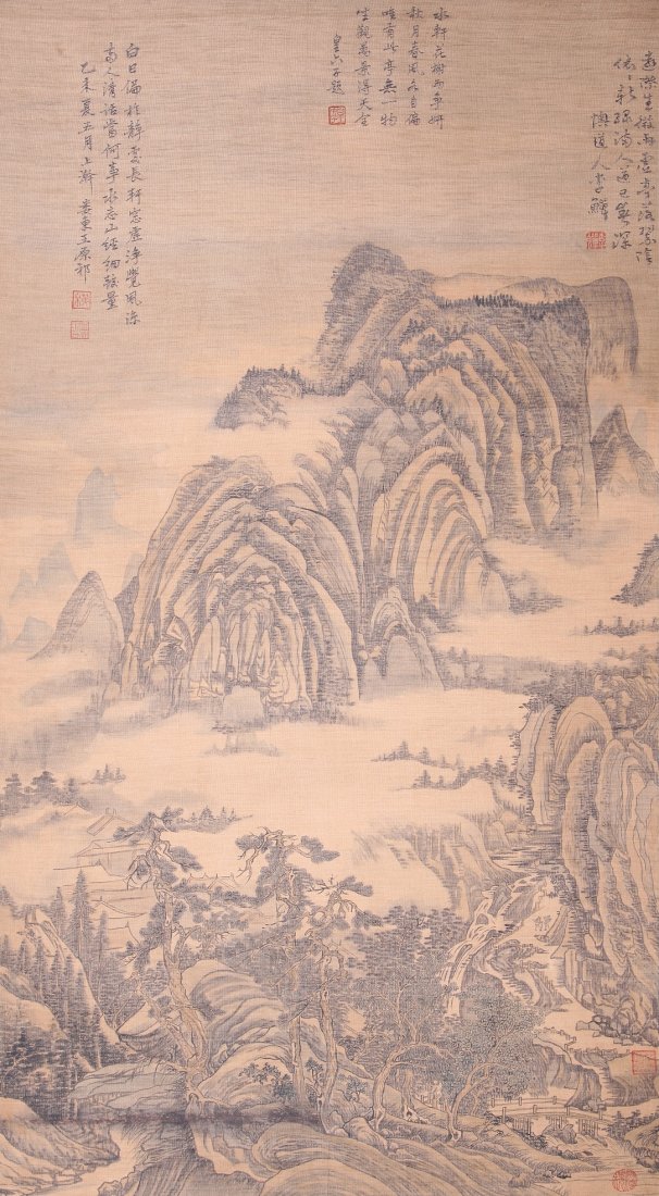 A very fine Chinese painting by Wang Yuanqi: A very fine Chinese painting by Wang Yuanqi depicting a landscape of mountains and trees , inscribed and signed with six seal marks.48.0"X25.5"
