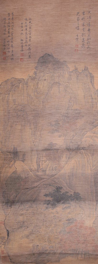 A very fine Chinese painting by Dong Qichang: A very fine Chinese painting by Dong Qichang depicting a landscape of mountains and trees , inscribed and signed with eight seal marks.57.0"X20.4"