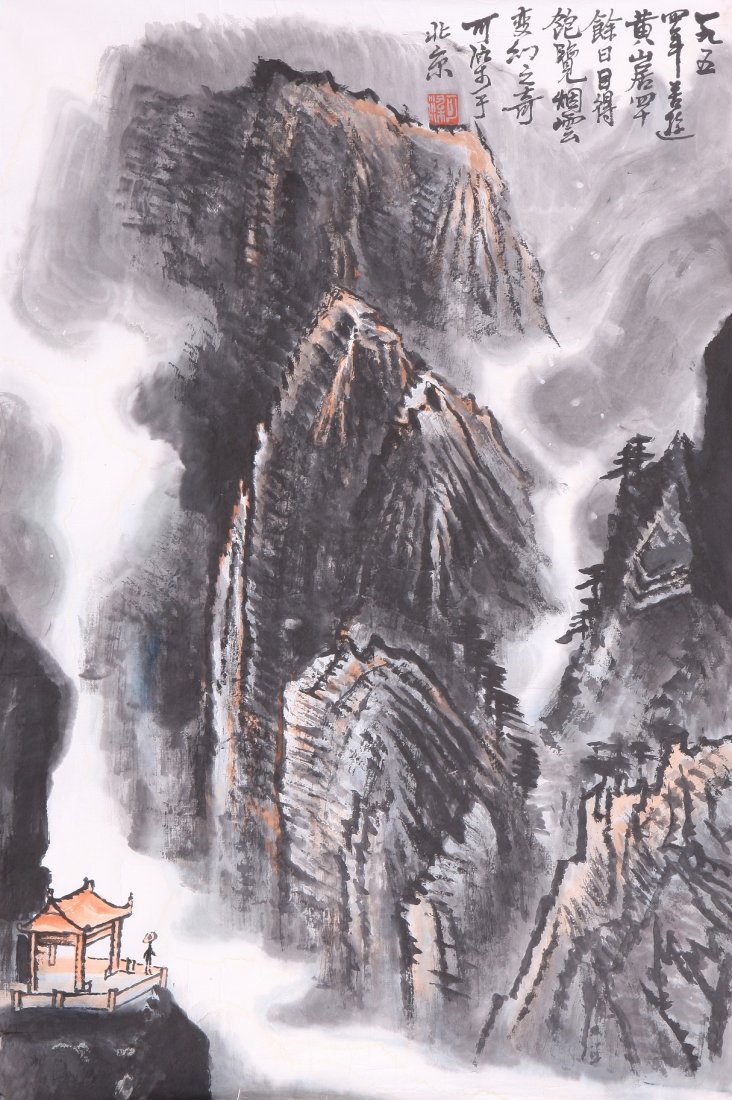 A very fine Chinese painting by Li Keran: A very fine Chinese painting by Li Keran depicting a landscape of mountains and house , inscribed and signed with one seal marks.26.7"X17.7"