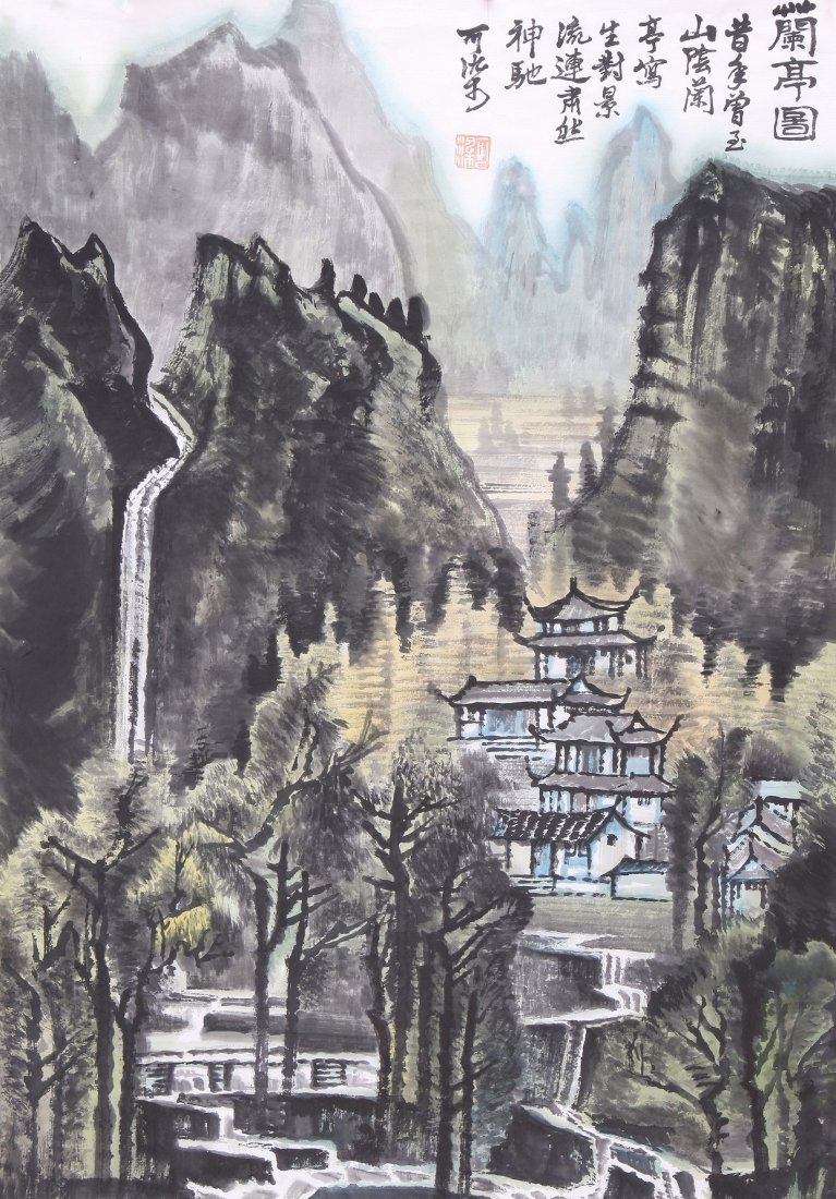 A very fine Chinese painting by Li Keran: A very fine Chinese painting by Li Keran depicting landscape of a village surrounded by mountains and trees , inscribed and signed with one seal marks.27.1"X18.1".
