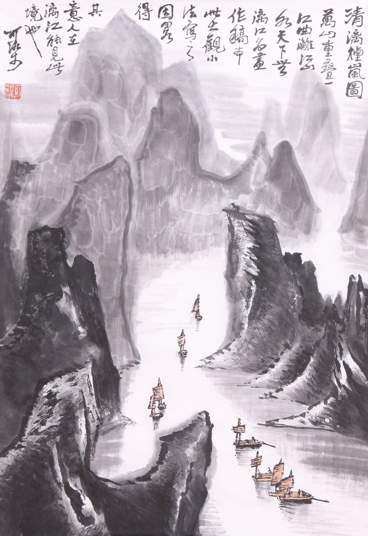 A very fine Chinese painting by Li Keran: A very fine Chinese painting by Li Keran depicting landscape of a lake surrounded by mountain and boats , inscribed and signed with one seal marks.26.7"X18.1".