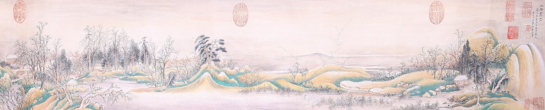 A very fine Chinese painting by Wang Shining: Ink and color on the paper by Wang Shining depicting a colorful landscape of nature,inscribed and signed with 30 seal marks,140.5"X8.3"