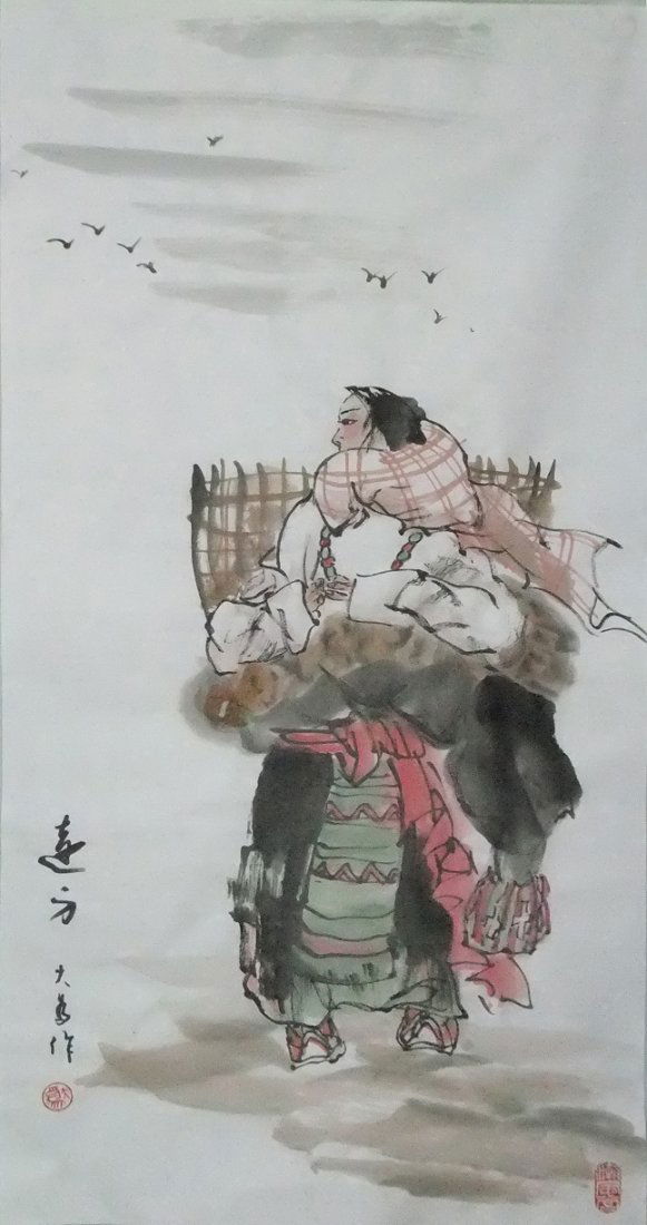 A very fine chinese painting by Liu Dawei: Ink and color on the paper by Liu Dawei ,inscribed and signed with 2 seal marks,20.5"X38.6"