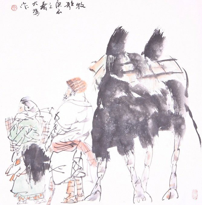 Chinese painting by Liu Dawei: Ink and color on the paper by Lu Yanshao depicting a couple walking with a camel,inscribed and signed with 2 seal marks.26.8"X26.8".