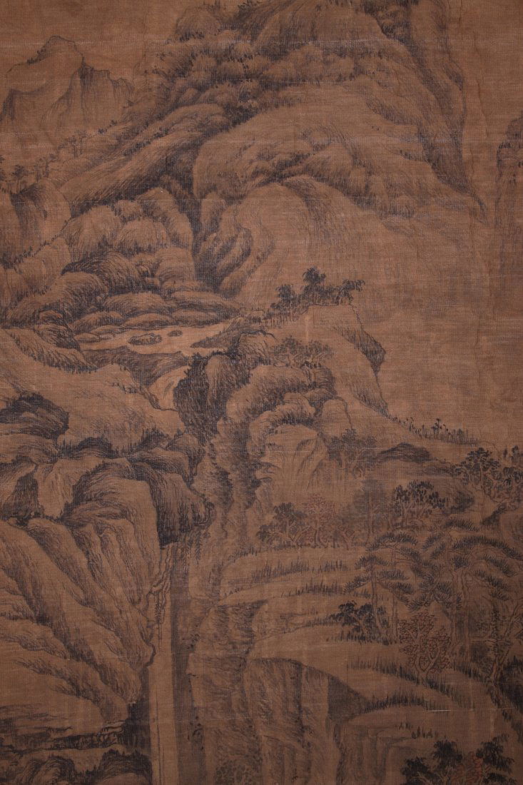 A very fine Chinese painting by Wang Hui: Ink and color on the paper by Wang Hui depicting a landscape of nature, inscribed and signed with 4 seal marks,52"x27".