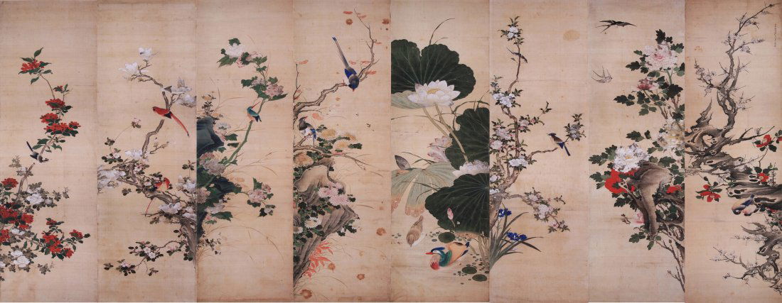A very Fine painting by Chen Mei: Chen Mei, Qing court painter of flowers 137x41cmx8 (? -1864). 8 screen