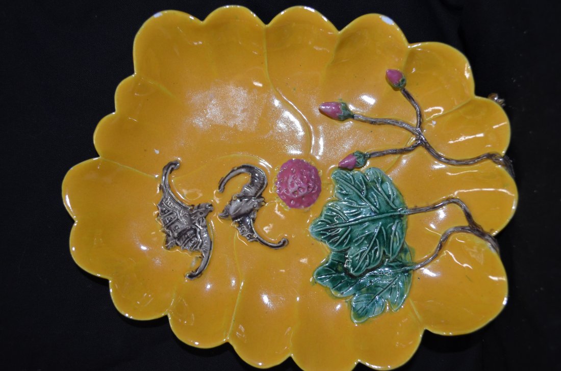 Yellow Bat Decorative Dish: 20th century ,A decorative dish that is yellow and contains curved images of bats flying around flower buds and leaves.8"x6"