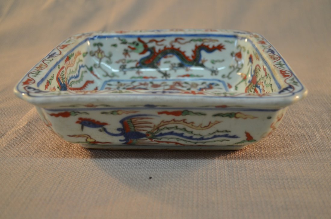 Chinese Wu cai bowl: A Chinese Wu Cai Square Bowl w/ Wan Li Mark 16th Century ,2"X7"