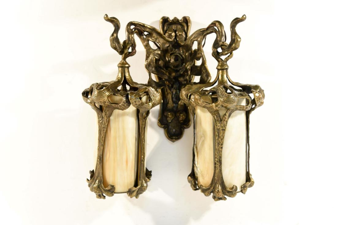 BRONZE ART NOUVEAU HANGING DOUBLE LIGHT SCONCE (1 of 10)
