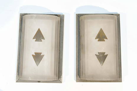 (2) ART DECO NICKEL & GLASS ELEVATOR SIGNS 2: Dimensions: H 8.5" x W 5.5" x D 2" Condition: Chip to glass edge. Some white paint and scratches to metal sides. Some white splotchy patches to glass surfaces.