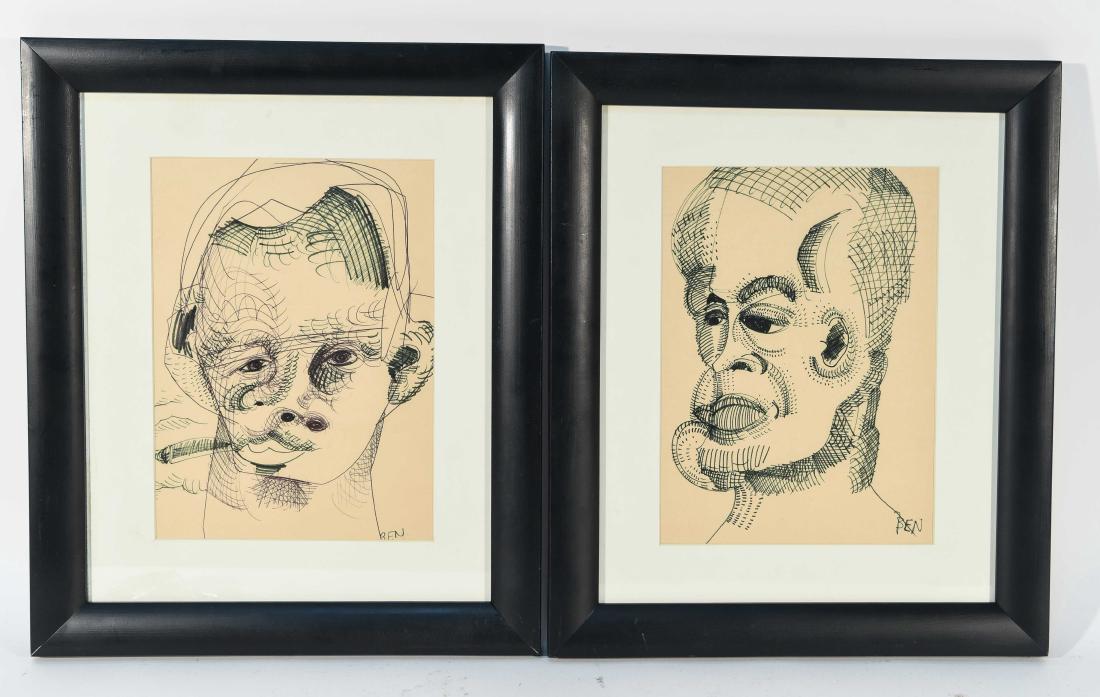 PAIR OF MARKER AND PEN LINE DRAWING PORTRAITS: Ink on paper, signed Ben to bottom right corners. Dimensions: (Frame) H 17.5" x W 14.5" (Sight) H 11" x W 8" Condition: Some staining to edges of mat.