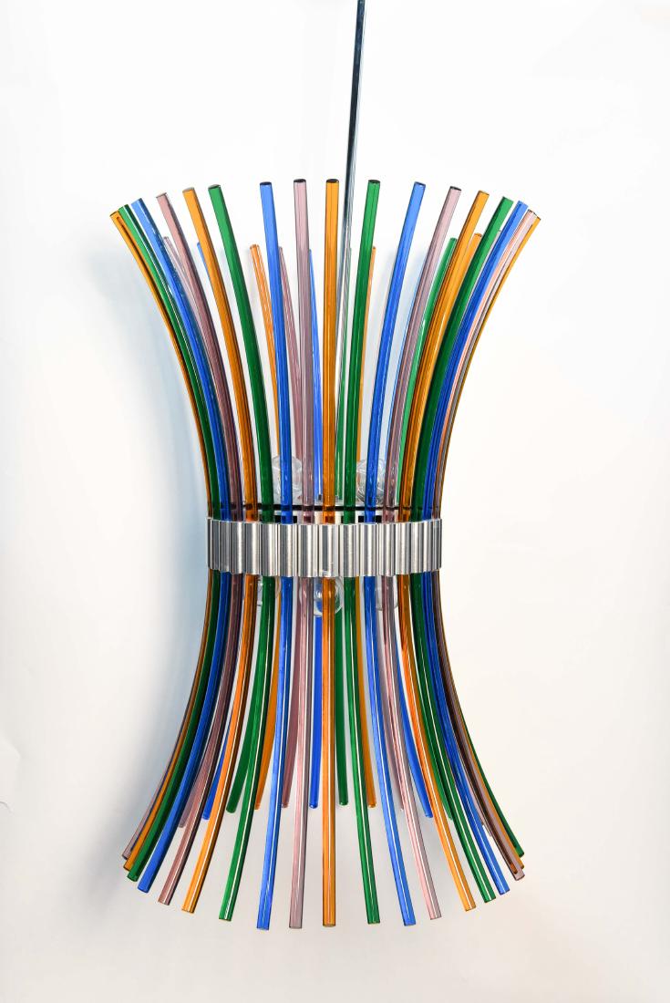 ARTEMIDE TAMIRI CHANDELIER: Dimensions: H 29" x Dia. 18" Condition: Light surface scratches to aluminum pieces that hold rods