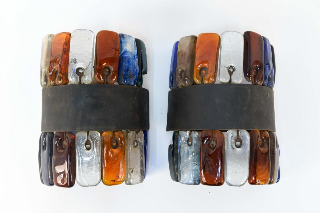 PAIR OF ITALIAN GLASS SCONCES: Dimensions: H 10" x W 7" x D 4" Condition: Multiple breaks to glass. Not tested, sold as is and as pictured.