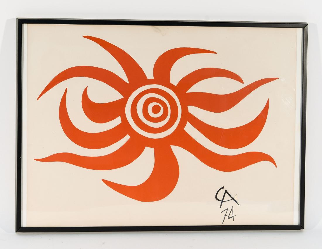 ALEXANDER CALDER (AMERICAN 1898-1976): "Flying Sun", 1974 Color lithograph Dimensions: (Frame) H 20.25" x W 28" (Sight) H 19" x W 27" Condition: Light staining to top middle of paper.