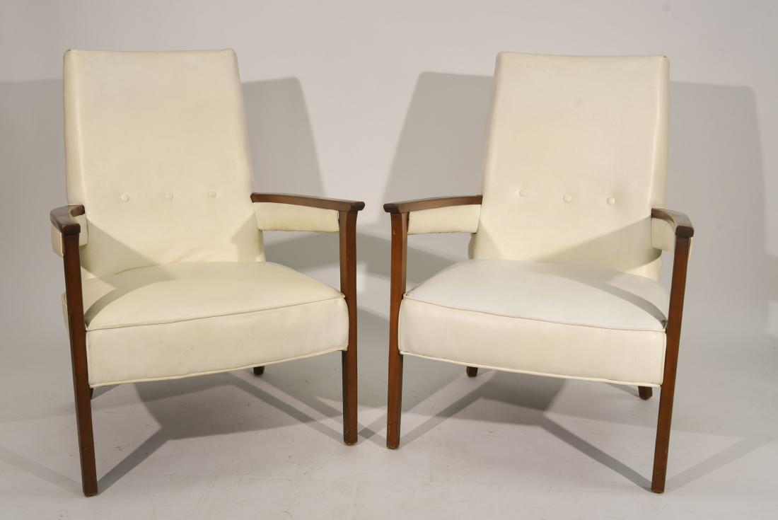 ADRIAN PEARSALL STYLE LOUNGE CHAIRS: Vinyl Dimensions: H 35.5" x W 26" x D 25" Condition: Scratches and scuffs to wood, Tiny pin holes in one chairs upholstery.