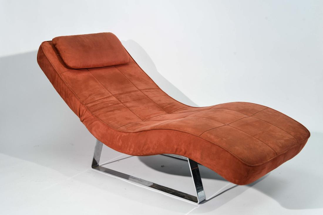 MILO BAUGHMAN STYLE ADJUSTABLE LOUNGE: Tagged on back: Bo Concepts. Dimensions: H 27" x W 47" x D 2" (with backrest in "collapsed" position) Condition: Some soiling and light wear to upholstery. Light wear to base.