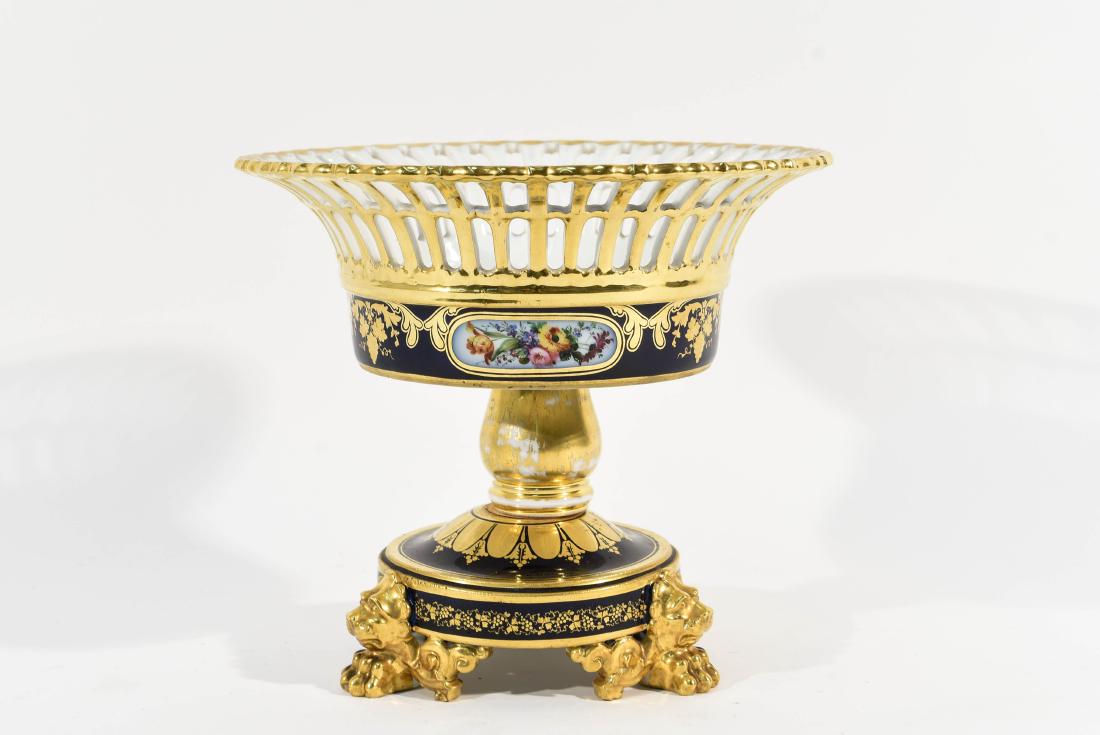 19TH C. PORCELAIN BY JACOB PETIT COMPOTE/TAZZA: Marked on the bottom J.P. Dimensions: H 8.75" x Dia. 10" Condition: Some wear to gold finish.