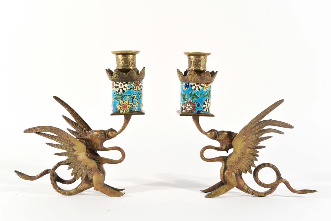 FRENCH LONGWY BRONZE GRIFFIN CANDLESTICKS (1 of 9)