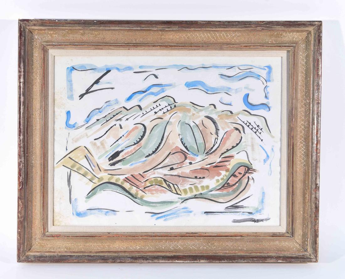 CADY WELLS (AMERICAN 1904-1954): Dimensions: (frame) H 24.25" x W 30" (sight) H 17" x W 23.25" Condition: Some water damage and creasing to paper, scrapes and scratches throughout frame Untitled (New Mexico landscape). 1933, watercol