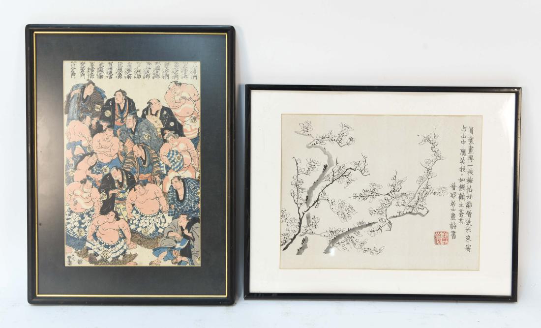 JAPANESE WOODBLOCK AND CHINESE PAINTING: Dimensions: (frame) H 14.5" x W 18.5" (sight) H 10.5" x W 13.5" (larger) Condition: A couple small paint chips to larger frame, a few small dings and scrapes to smaller frame