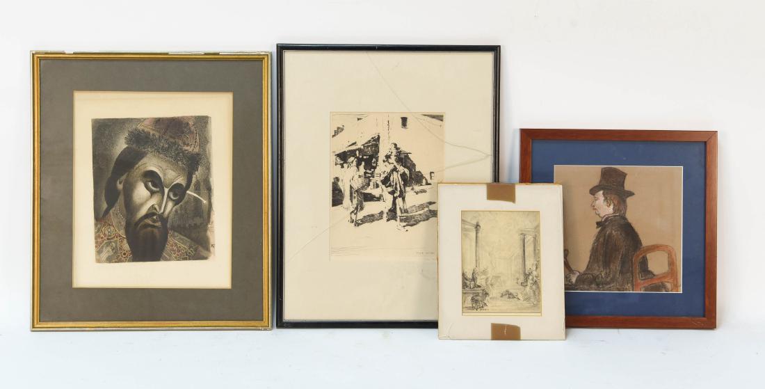 (4) GROUPING OF ART: Dimensions: (frame) H 18.25" x W 15. 75" (sight) H 9.5" x W 7.75" (largest). Condition: A few chips to largest frame, one frame has a few nicks, scrapes, and broken glass, small drawing has chipped an