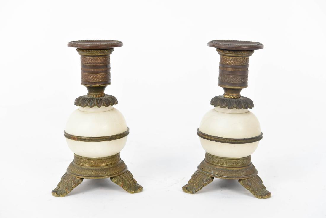 19TH C. MARBLE AND ORMOLU CANDLESTICKS: Dimensions: H 5.25" x D 3.25" Condition: Light finish wear.