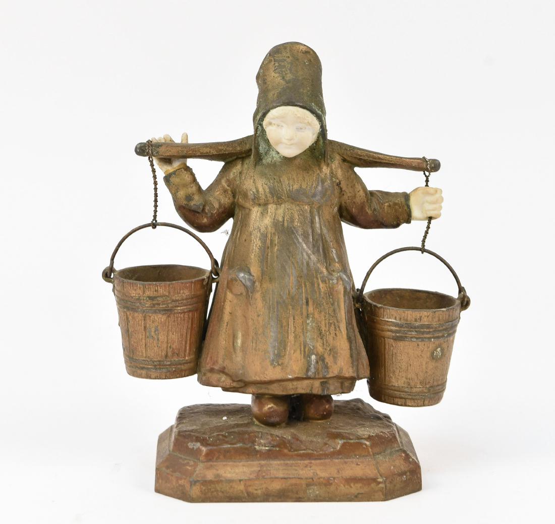 MEDNAT SMALL WHITE METAL STATUE WOMAN W/ BUCKETS (1 of 8)