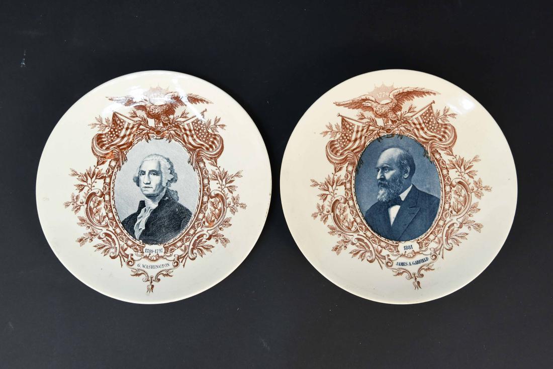 SARREGUEMINES PORCELAIN PLATES W/ PRESIDENTS: James A. Garfield and G. Washington. Signed Sarreguemines to bottom of one. Marked with wreath, shield, and crown to other. Reads made in Germany. Dimensions: Dia. 8.5" Condition: Some crazing.