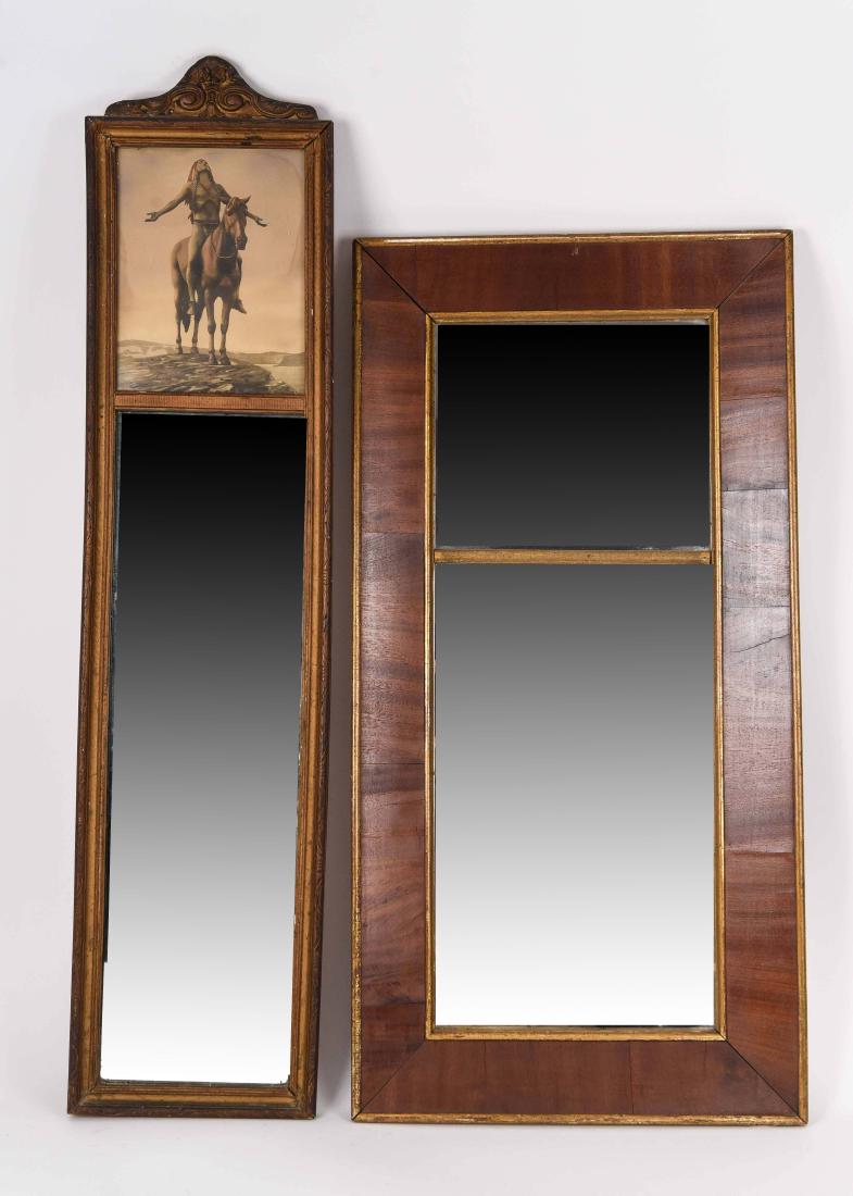 (2) ANTIQUE MIRRORS: Dimensions: (Taller) H 37" x W 9" Condition: Some nicks, dings, and loss of gilding to frames. Some de-silvering to mirrors.