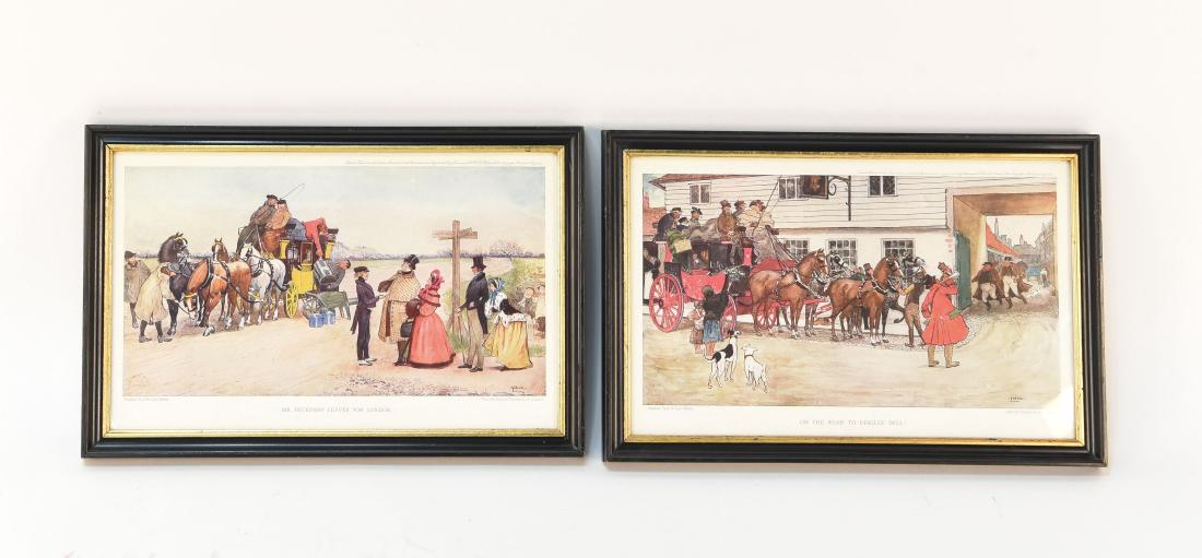 (2) RAPHAEL TUCK & SONS OILETTE PRINTS: "Mr. Pecksniff Leaves for London" and "On the Road to Dingley Dell" prints from the original paintings by A. Ludovici. Dimensions: (Frame) H 9.25" x W 14" (Sight) H 7.75" x W 12.5" Condition: Few nick