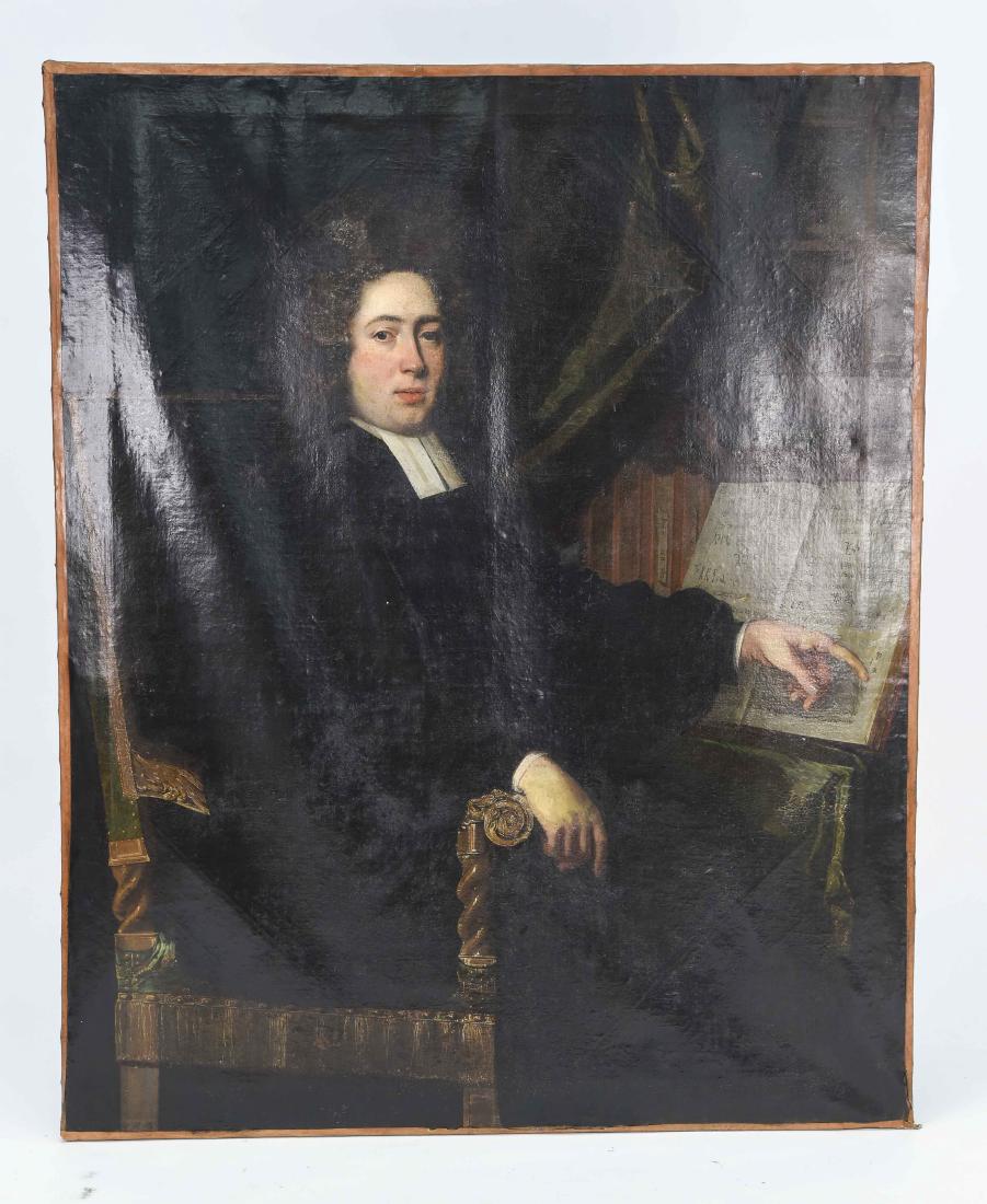 OLD MASTER PORTRAIT: Attributed to Hyacinthe Rigaud. Dimensions: H 50" x W 40" Condition: Some surface dirt, crackling, and areas of foxing. A few small puncture marks to upper right portion of canvas.