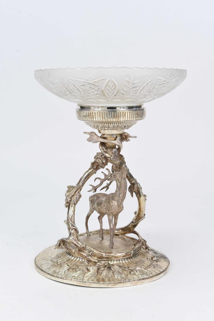 SHEFFIELD EPERGNE W/ GLASS BOWL: Dimensions: H 18" x Dia 13" Condition: Moderate tarnish.