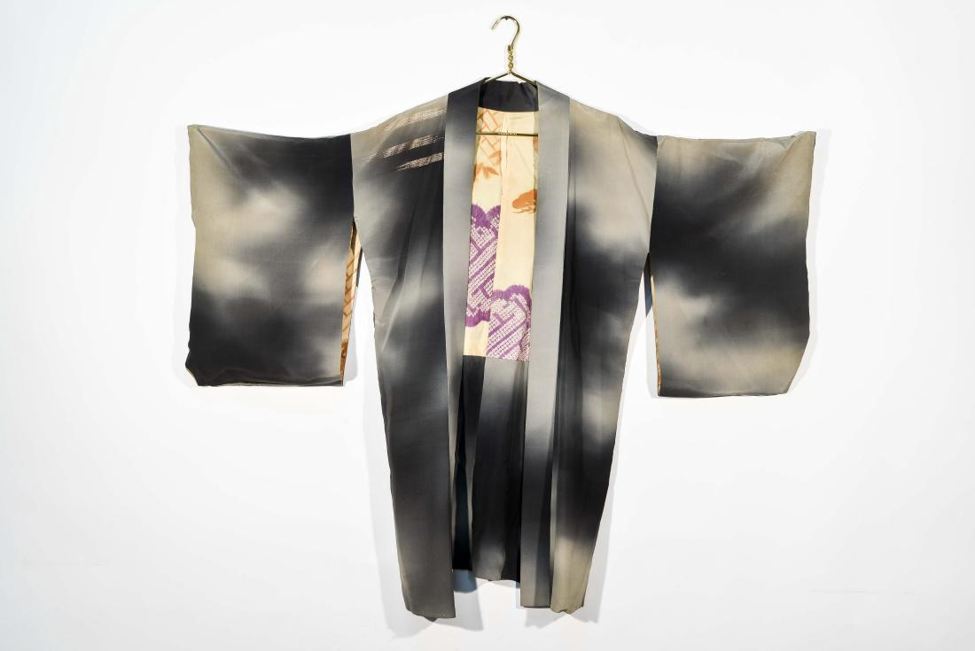 JAPANESE WWII ERA KIMONO: Dimensions: L 36" x W 28" (pit to pit) Condition: tattering and rips to lining, very fragile.