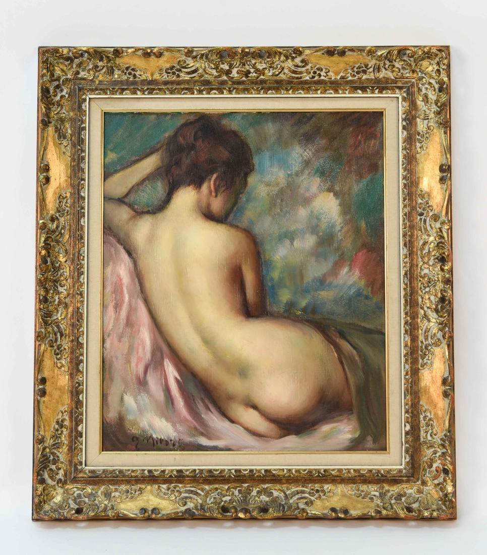 GEORGE NIVERT 20TH C. O/C: Female reclining nude. Signed lower right. Dimensions: Framed: H 35" x W 31.5" Sight: H 25.5" x W 21.5" Condition: No issues to note