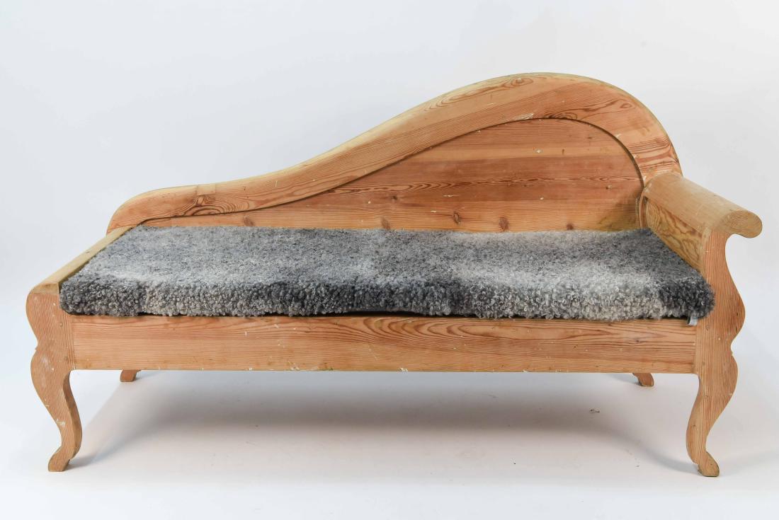 WOODEN CHAISE BENCH: Dimensions: H 35.25" x W 64.25" x D 24.25" Condition: A few nicks to edges