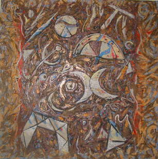 RICHARD TEXIER (FRENCH 1955-): "Ca Gigotte". Oil on canvas. Signed on verso.Dimensions: H 59" x W 59"Condition: 7" x 18" patch repair to canvas by artist, for damage incurred during creation.CTEXIRI001 / C