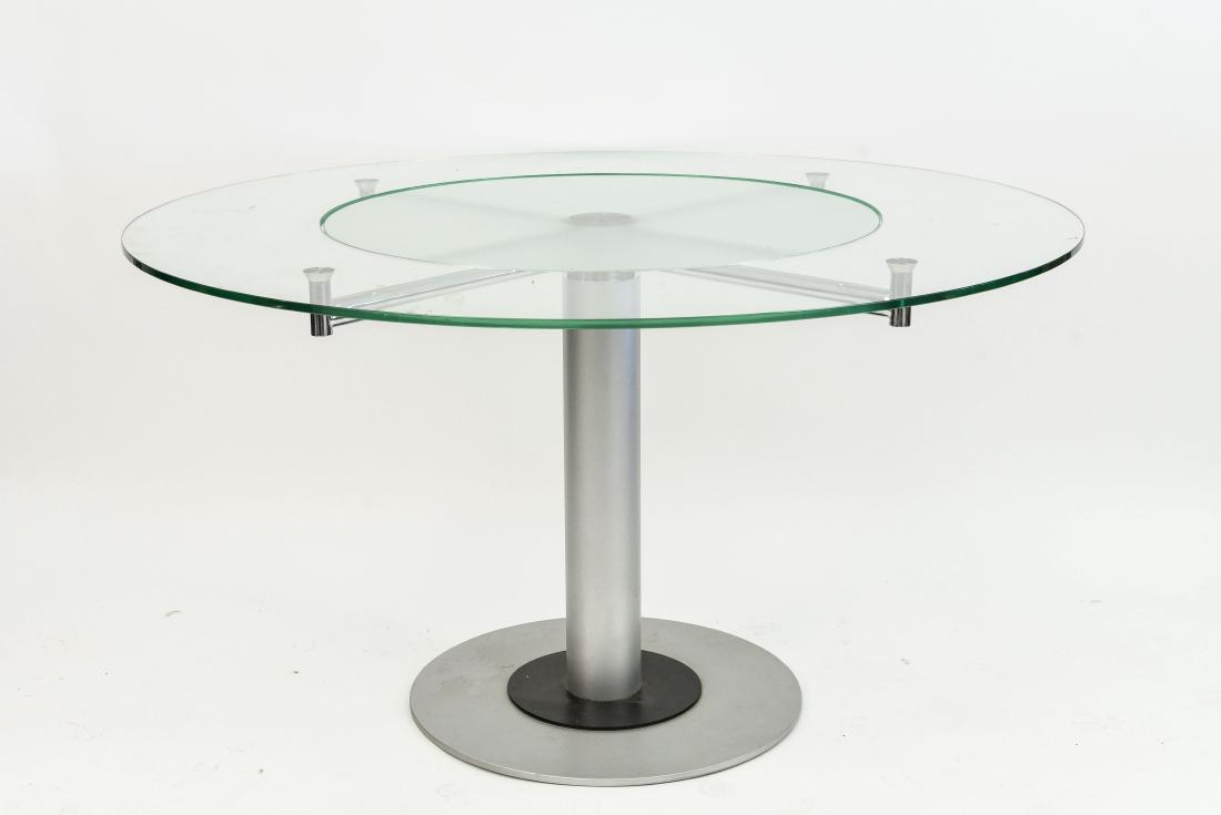 GLASS TOP TABLE WITH LAZY SUSAN: Dimensions: H 29" x D 53" Condition: Few light scratches to glass. Light wear to base.