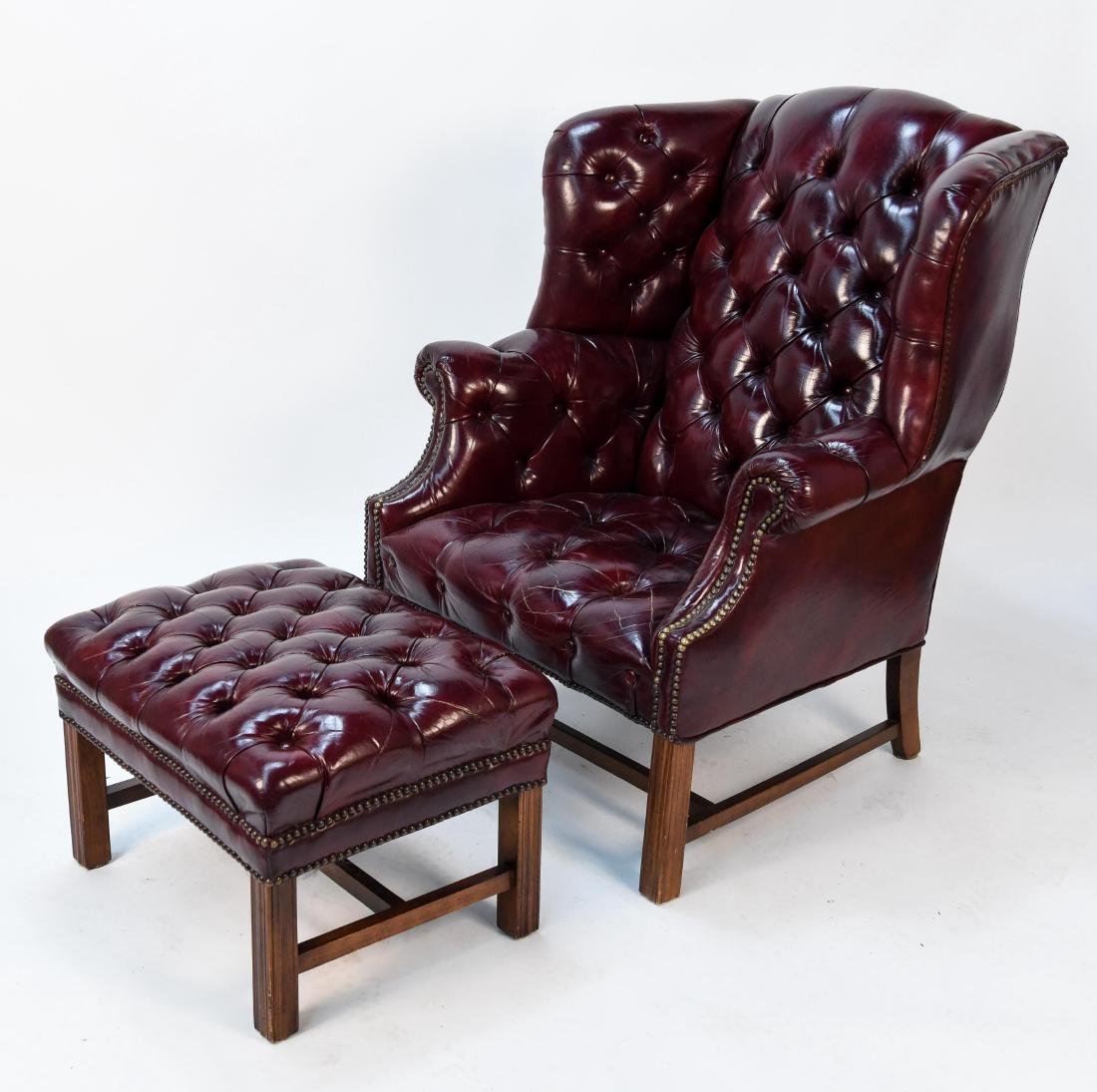 RED LEATHER TUFTED WINGBACK CHAIR & OTTOMAN (1 of 12)
