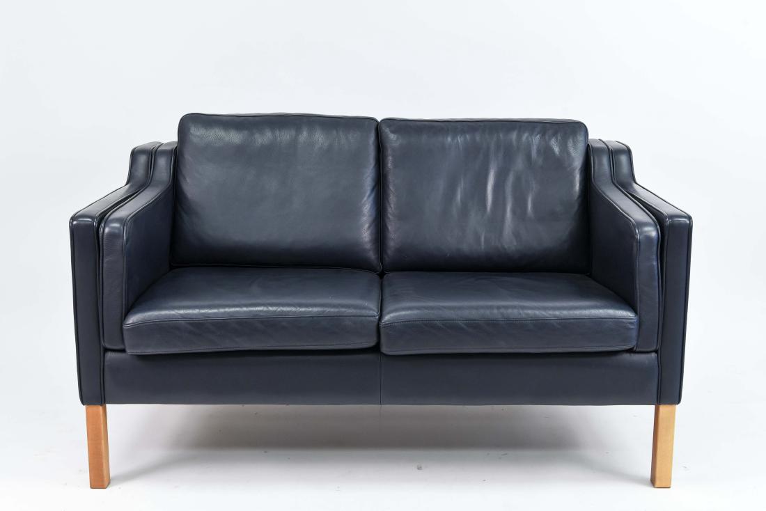 BORGE MOGENSEN STYLE 2212 DARK SAPPHIRE SOFA: by Stouby, Denmark. Dimensions: H 59" x W 55" x D 33" Condition: Light upholstery wear. Some dings and scratches to legs.