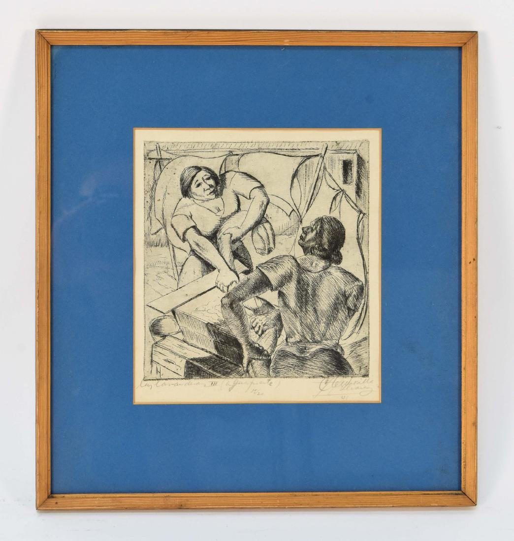 WPA ETCHING OF TWO WASHWOMEN: Inscriptions and signature to bottom in pencil. Dimensions: (Frame) H 13.5" x W 12.5" (Sight) H 8" x W 7" Condition: Paper puckering in frame.