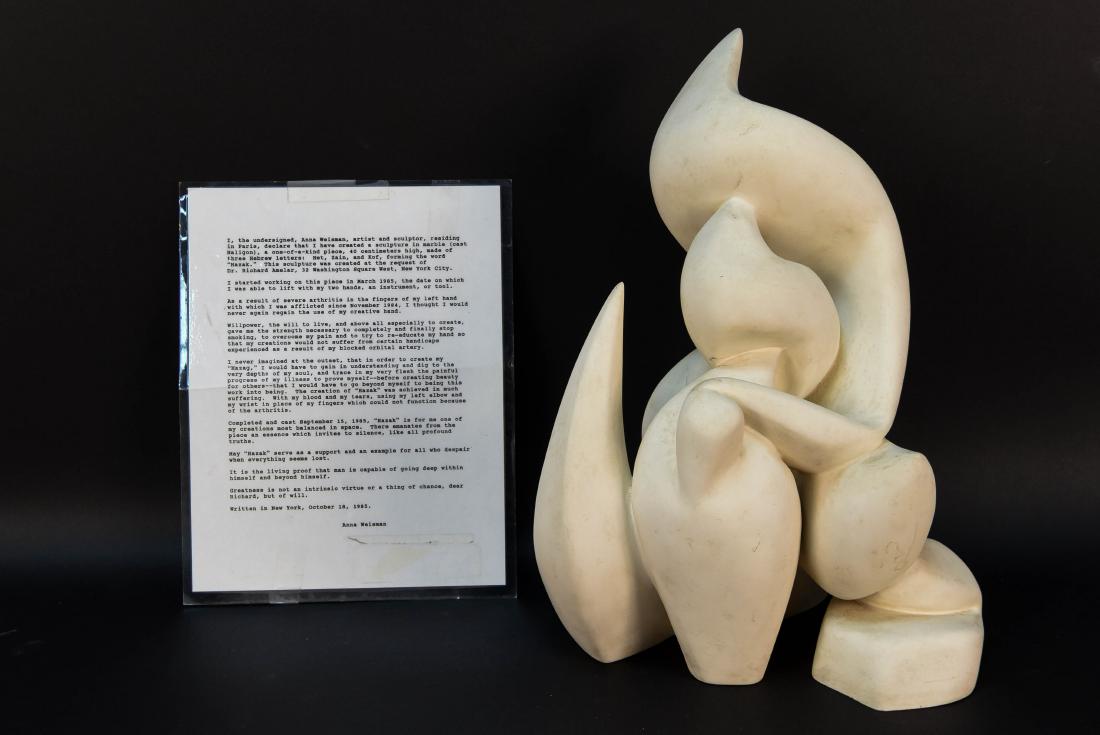 ANNA WEISMAN ABSTRACT SCULPTURE AND ARTIST LETTER: Sculpture is dedicated to Richard and dated '85. Letter illustrates the artist's struggles with arthritis and the sculpture's meaning. Dimensions: H 15.5" x W 12" x D 11" Condition: Sculpture could us
