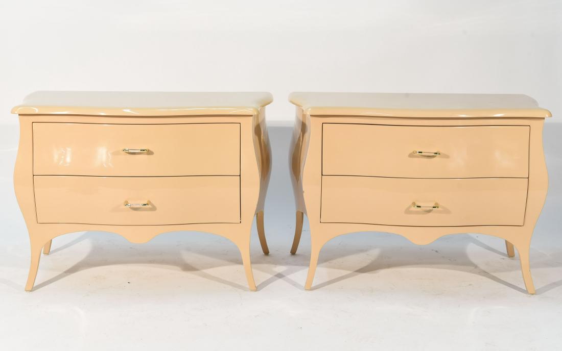 ENRIQUE GARCEL LACQUERED NIGHTSTANDS: Dimensions: H 25" x W 35" x D 20.5" Condition: Minor scuffing to handles. Some chipping to edges.