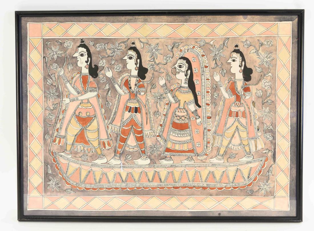 INDIAN LINEN CLOTH PAINTING C. 1950/60'S (1 of 9)