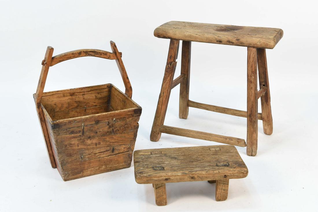 CHINESE STYLE DISTRESSED WOOD GROUPING: (3) pieces. Dimensions: (Tall stool) H 22.5" x W 22.5" x D 9" Condition: Tall stool leg support is broken.
